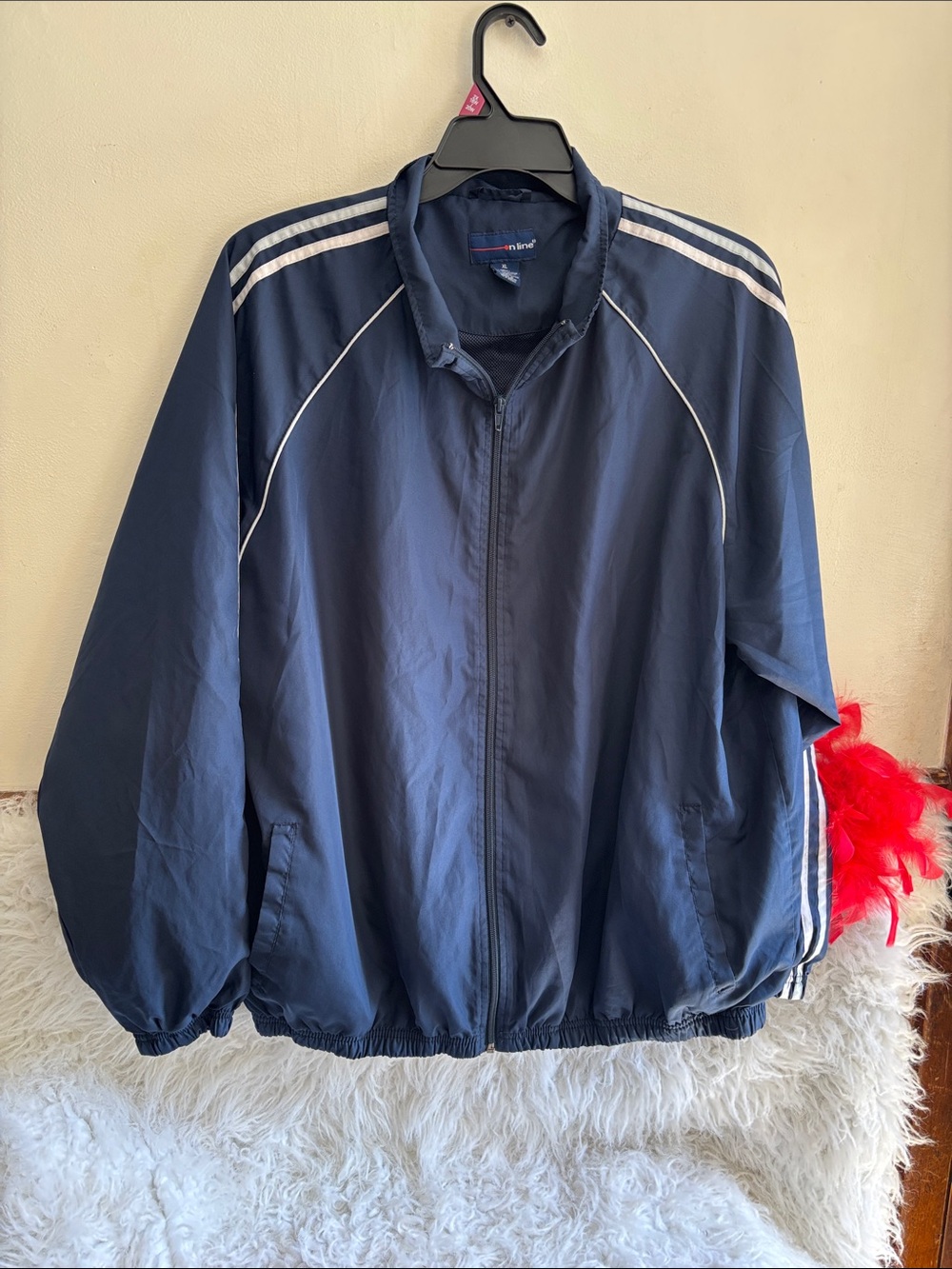 Men's Navy Windbreaker Jacket with White Piping - Casual Athletic Outerwear